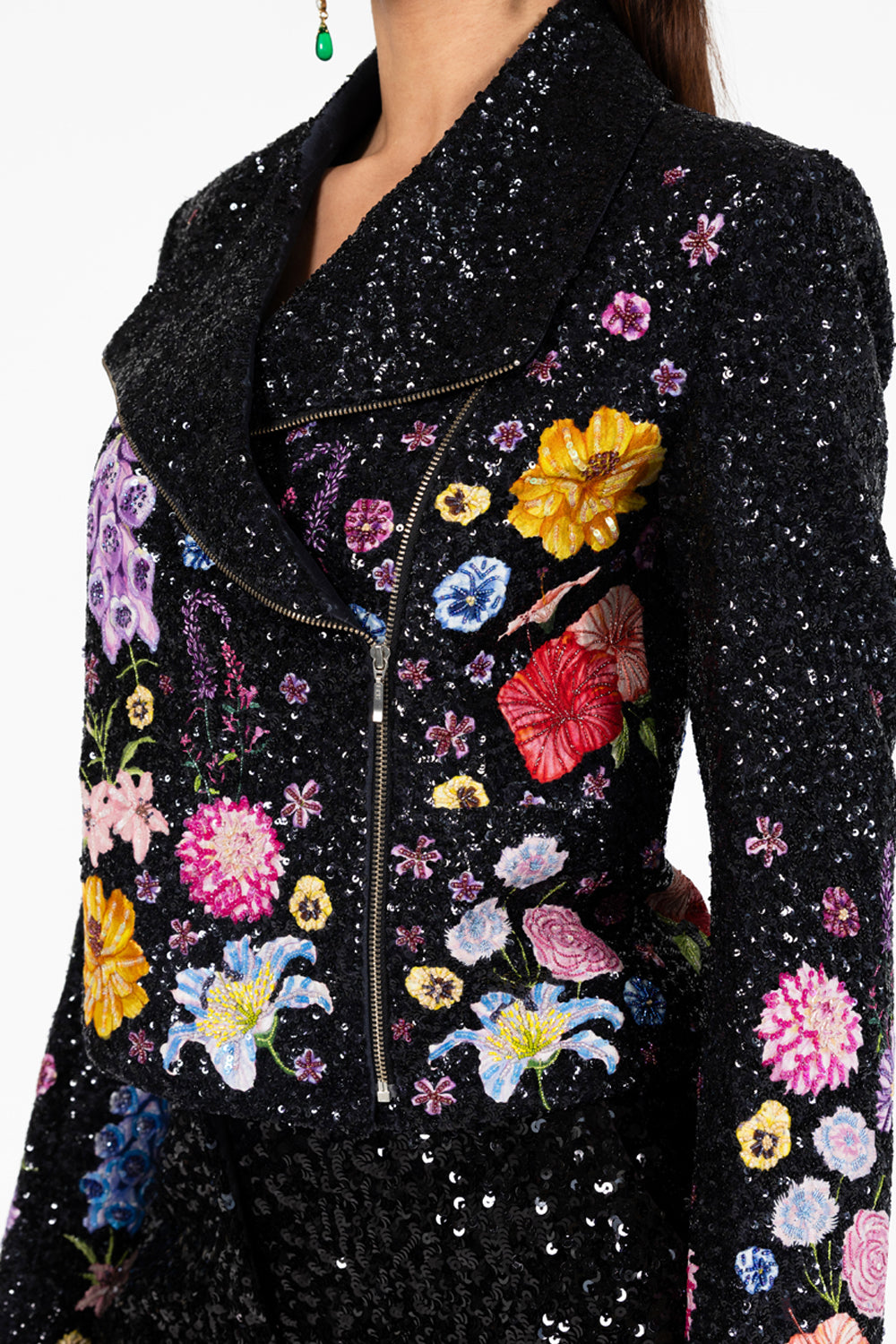 Valley Of Flowers Silk Satin Biker Jacket in Black