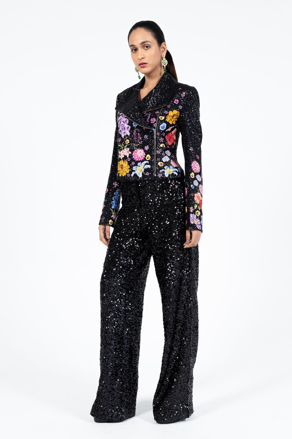 Valley Of Flowers Silk Satin Biker Jacket in Black
