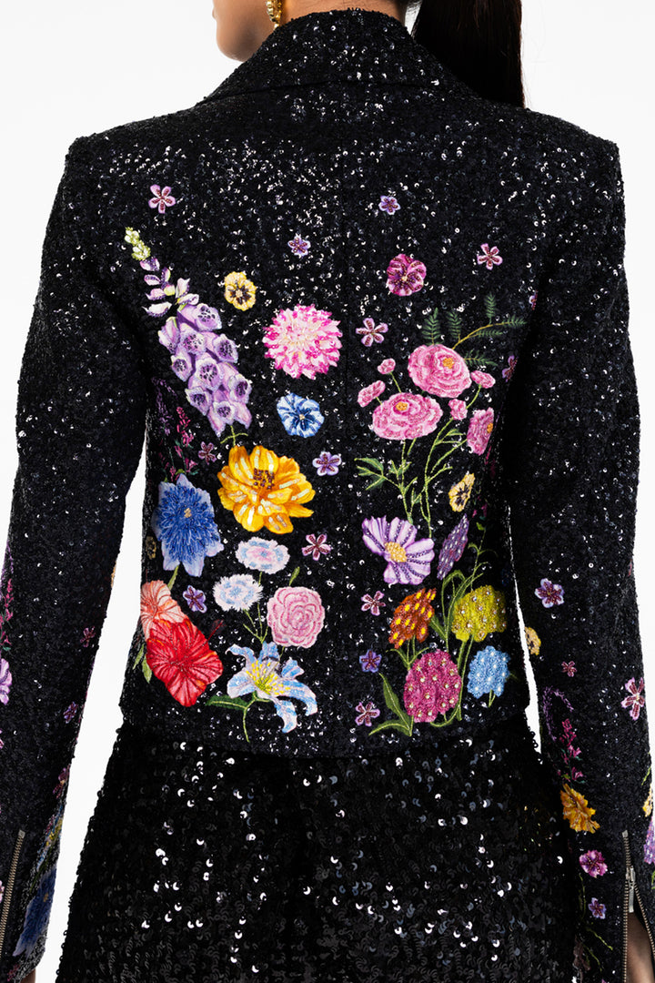 Valley Of Flowers Silk Satin Biker Jacket in Black
