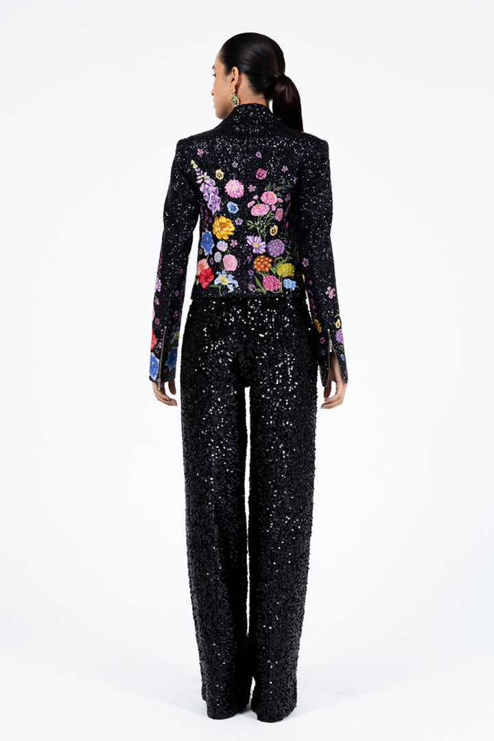 Valley Of Flowers Silk Satin Biker Jacket in Black