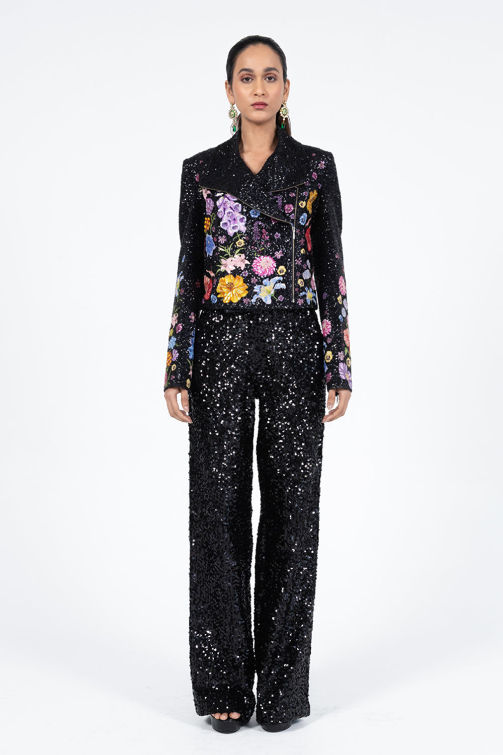 Valley Of Flowers Silk Satin Biker Jacket in Black