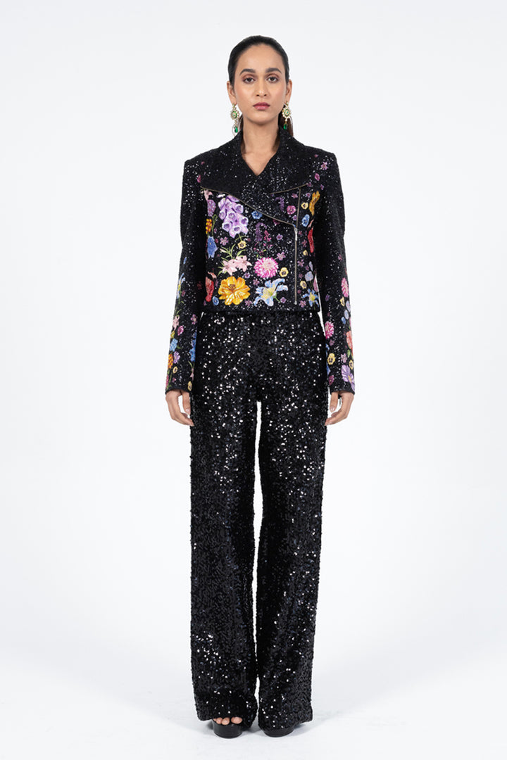 Valley Of Flowers Silk Satin Biker Jacket in Black
