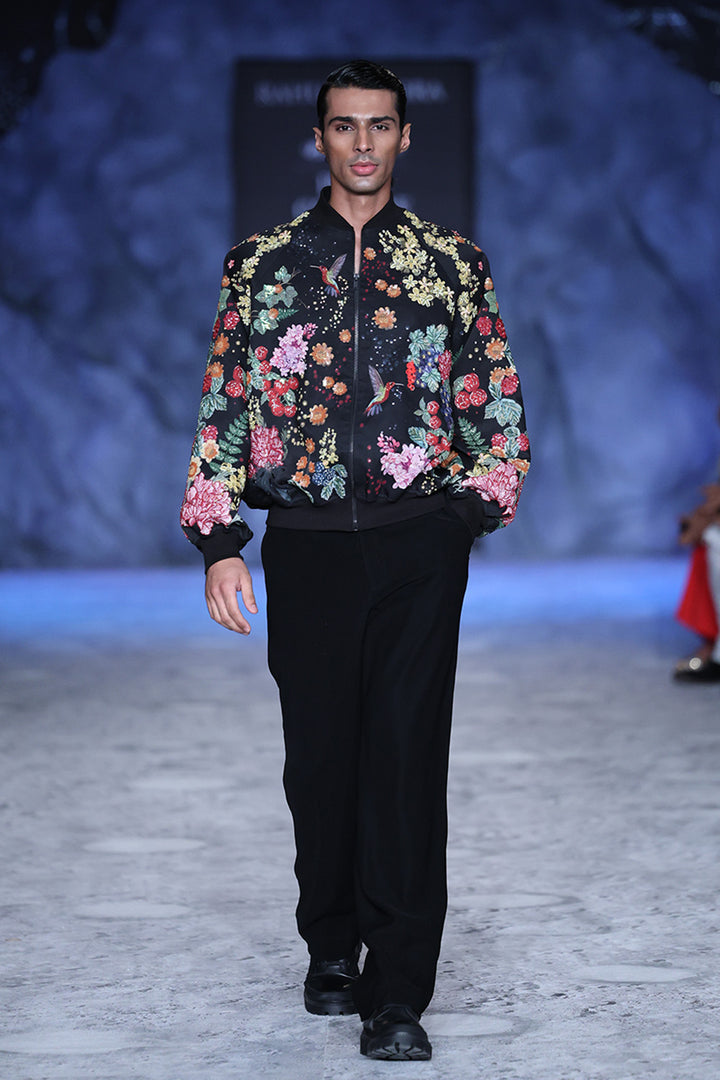 Bird Song Hand-Embroidered Bomber Jacket in Black
