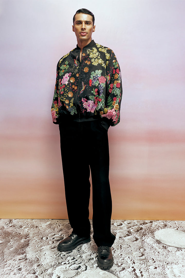 Bird Song Hand-Embroidered Bomber Jacket in Black