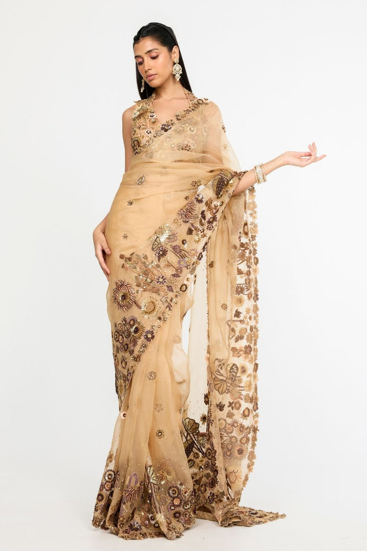 Garden Of Time 3D Hand-Embroidered Blouse with Saree in Nude and Bronze