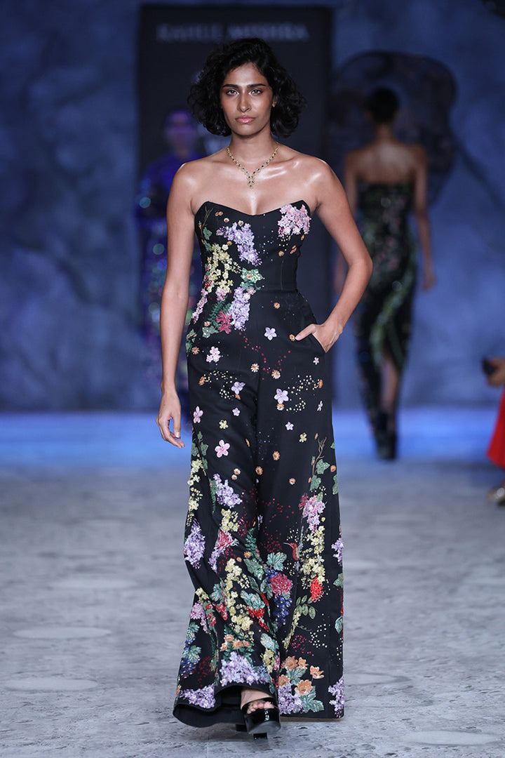 Bird Song Hand-Embroidered Jumpsuit in Black