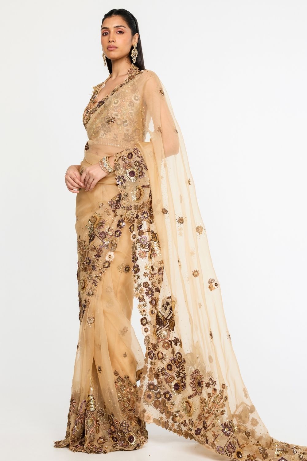 Garden Of Time 3D Hand-Embroidered Blouse with Saree in Nude and Bronze