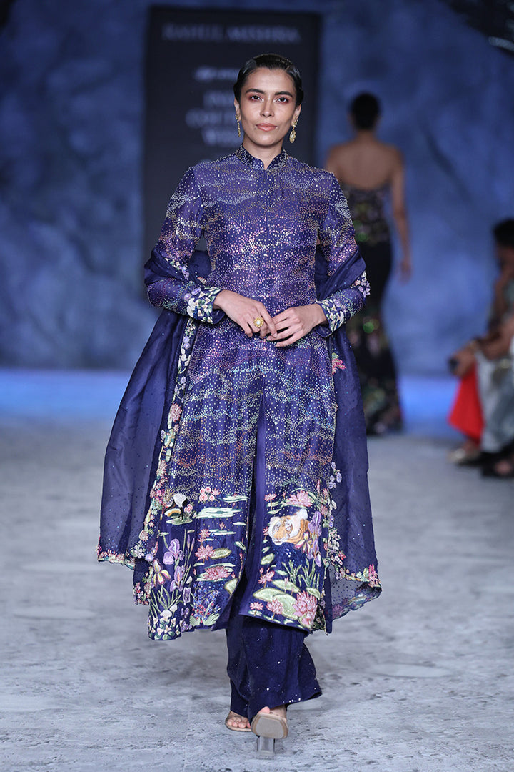 Pointillism Hand-Embroidered Kalidar Kurta &amp; Dupatta Set in Navy