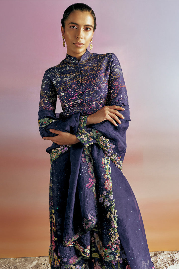 Pointillism Hand-Embroidered Kalidar Kurta &amp; Dupatta Set in Navy