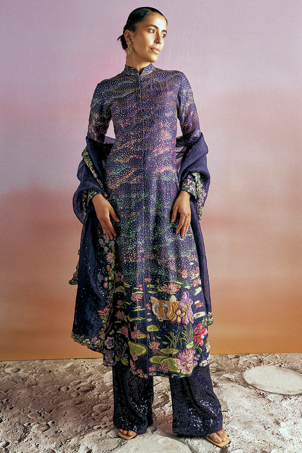 Pointillism Hand-Embroidered Kalidar Kurta &amp; Dupatta Set in Navy