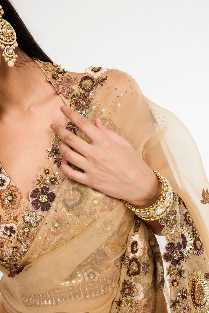 Garden Of Time 3D Hand-Embroidered Blouse with Saree in Nude and Bronze
