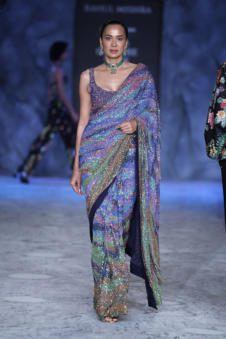 Pointillism Hand-Sequinned Saree with Hand-Sequinned Blouse in Navy