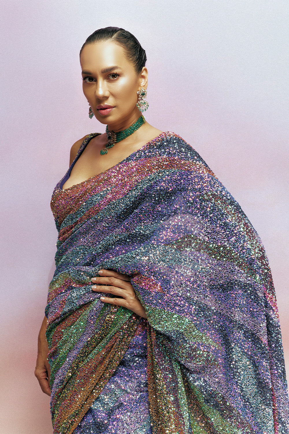Pointillism Hand-Sequinned Saree with Hand-Sequinned Blouse in Navy