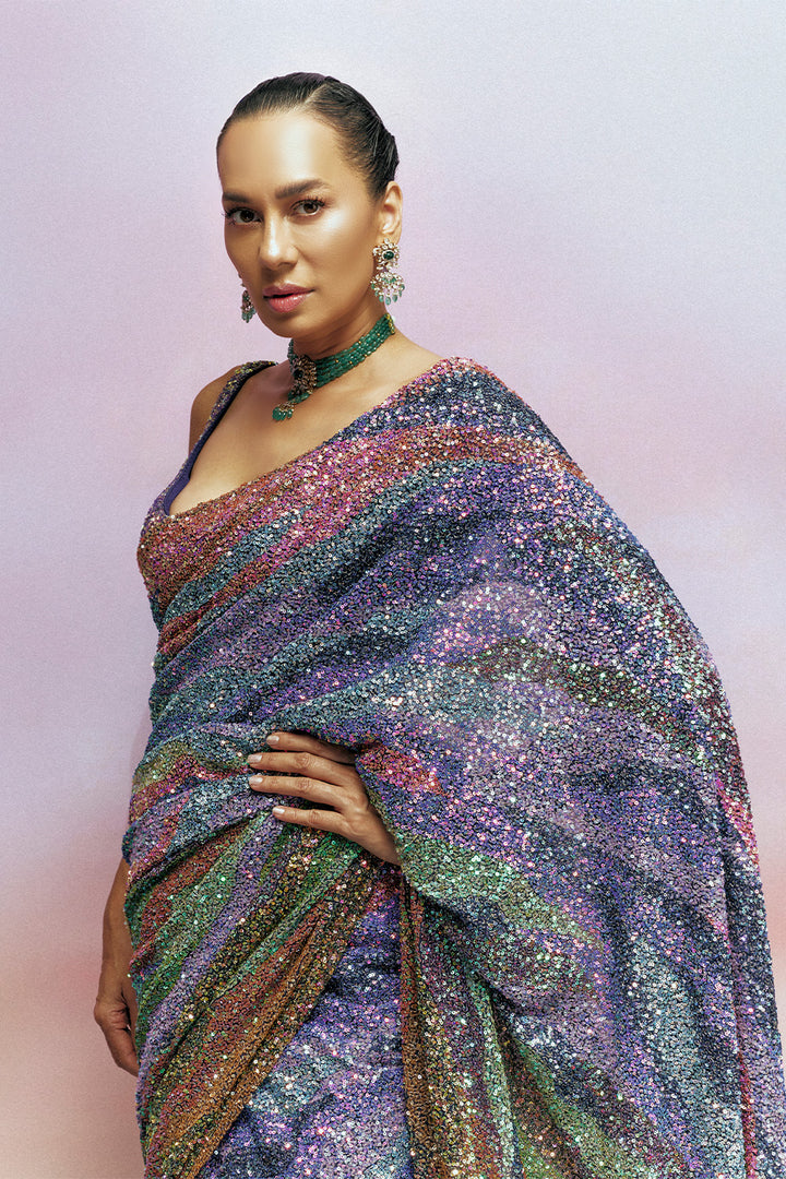 Pointillism Hand-Sequinned Saree with Hand-Sequinned Blouse in Navy