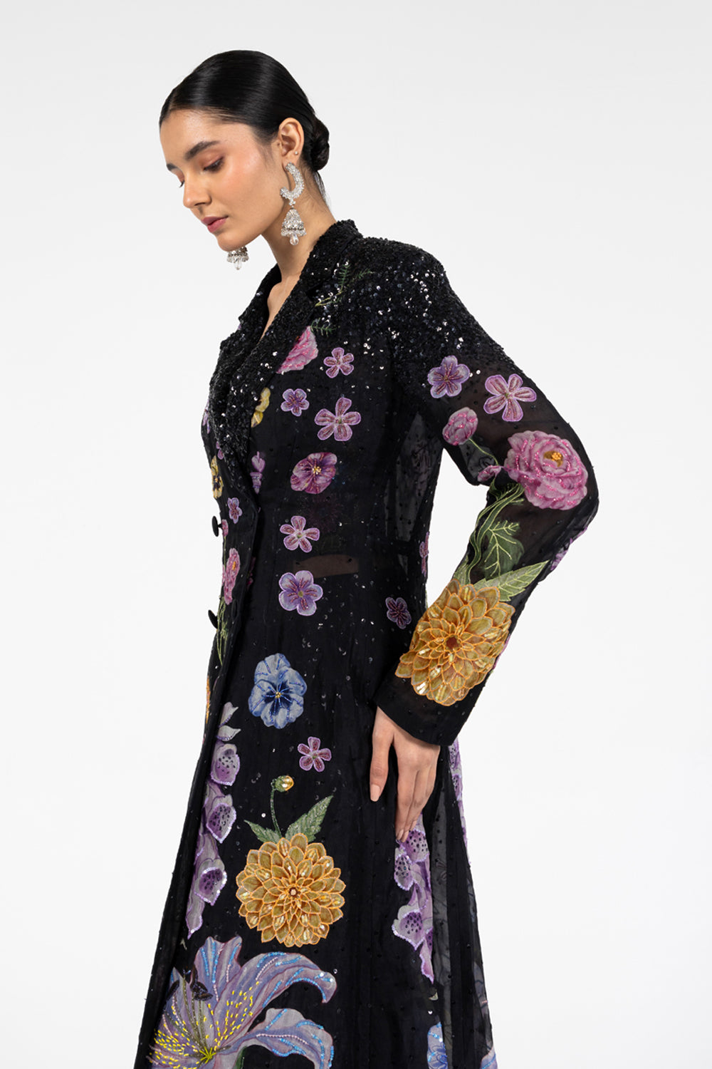 Valley Of Flowers Silk Organza Trench Coat in Black