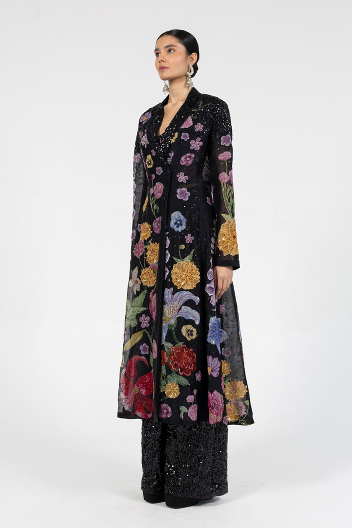 Valley Of Flowers Silk Organza Trench Coat in Black