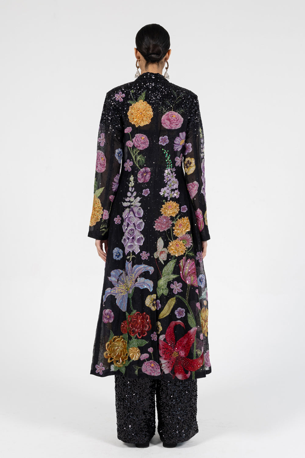 Valley Of Flowers Silk Organza Trench Coat in Black