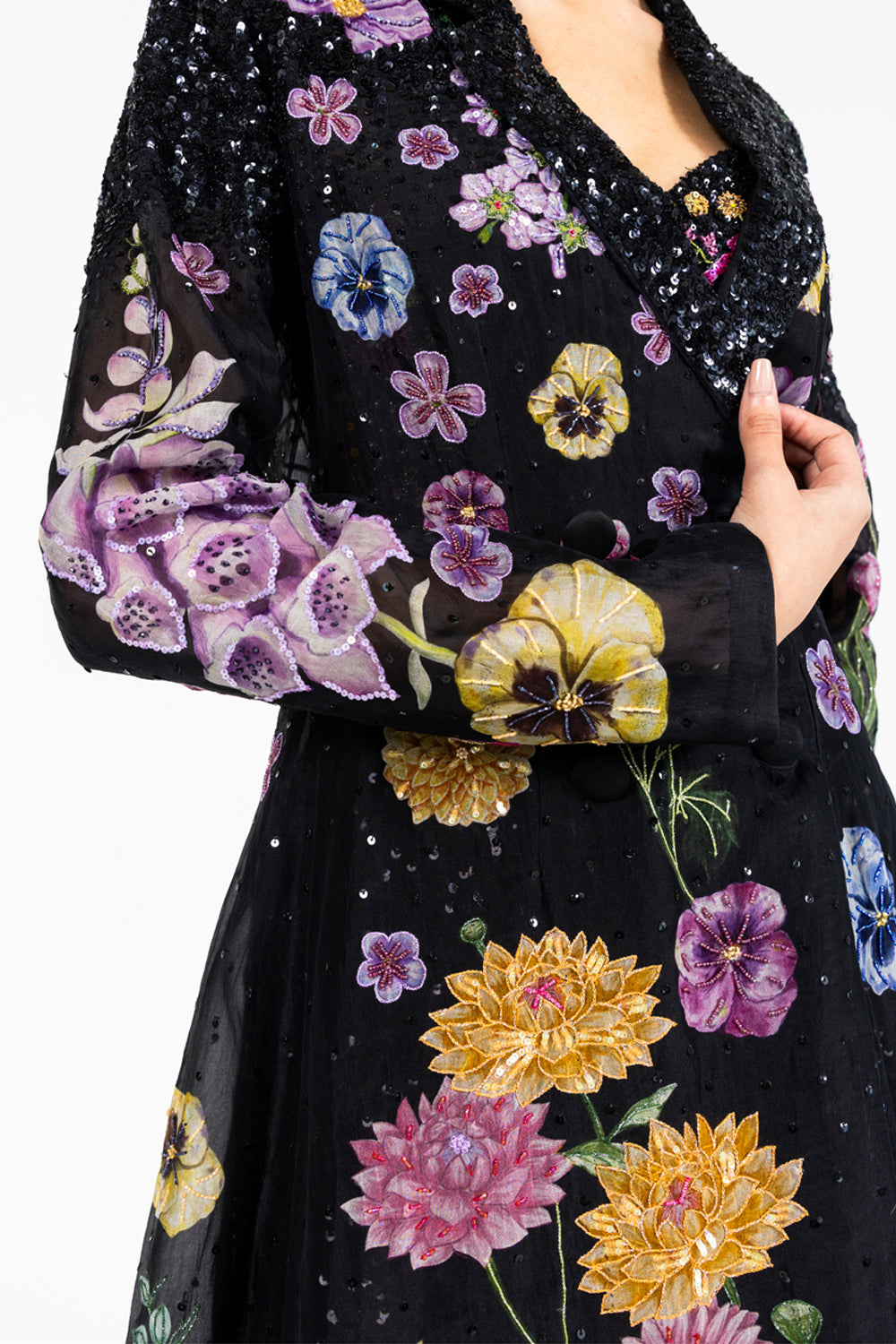 Valley Of Flowers Silk Organza Trench Coat in Black
