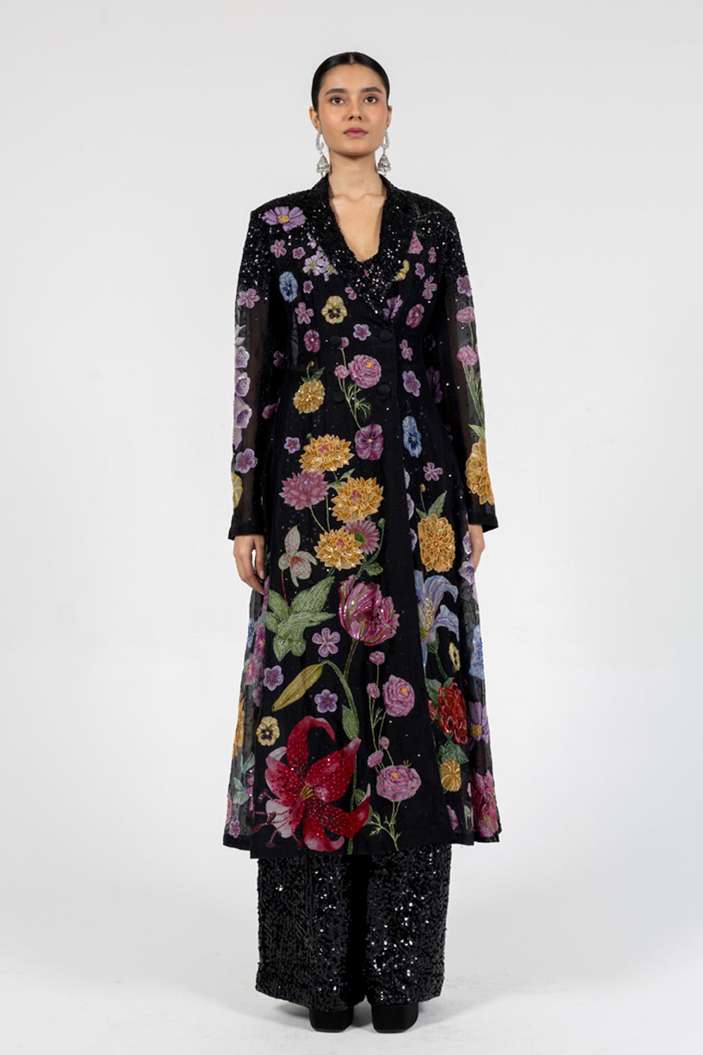 Valley Of Flowers Silk Organza Trench Coat in Black