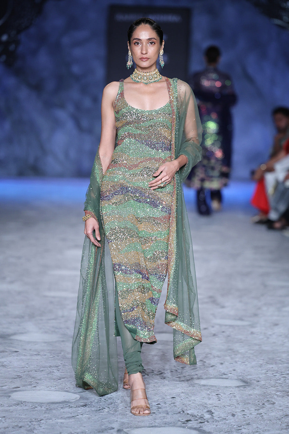 Pointillism Hand-Sequinned Kurta Set with Dupatta &amp; Hand-Embroidered Churidaar in Olive
