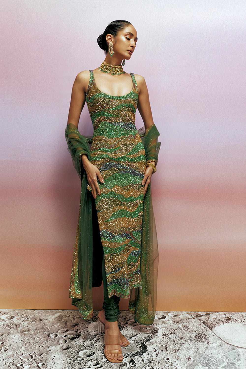 Pointillism Hand-Sequinned Kurta Set with Dupatta &amp; Hand-Embroidered Churidaar in Olive
