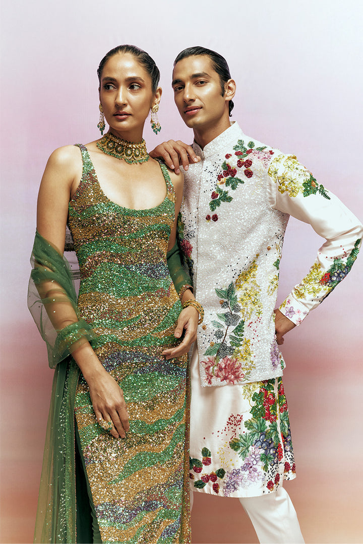 Pointillism Hand-Sequinned Kurta Set with Dupatta &amp; Hand-Embroidered Churidaar in Olive