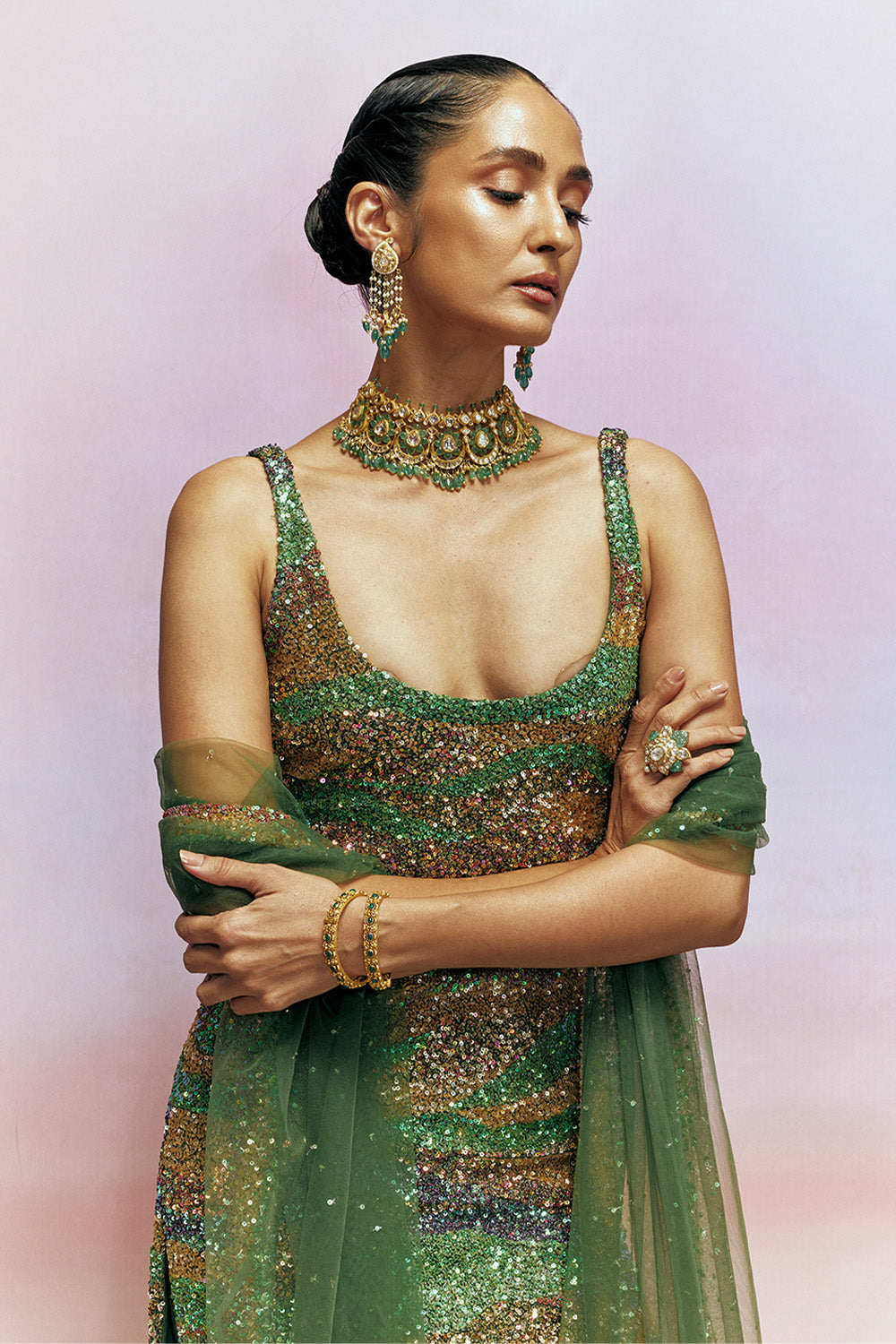Pointillism Hand-Sequinned Kurta Set with Dupatta &amp; Hand-Embroidered Churidaar in Olive
