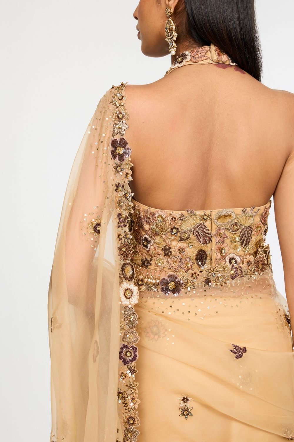 Garden Of Time 3D Hand-Embroidered Blouse with Saree in Nude and Bronze