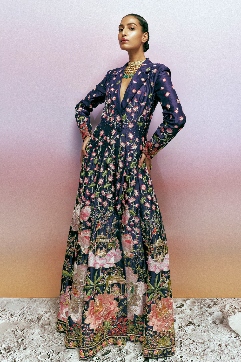 Raas Hand-Embroidered Trench Coat in Navy