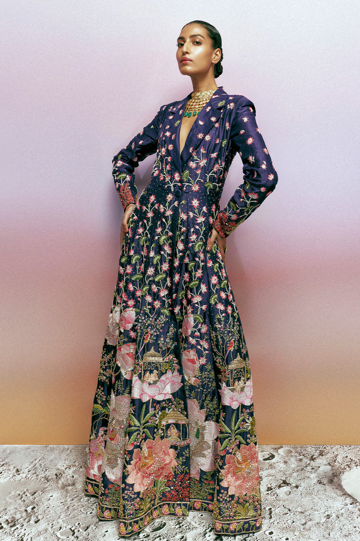 Raas Hand-Embroidered Trench Coat in Navy