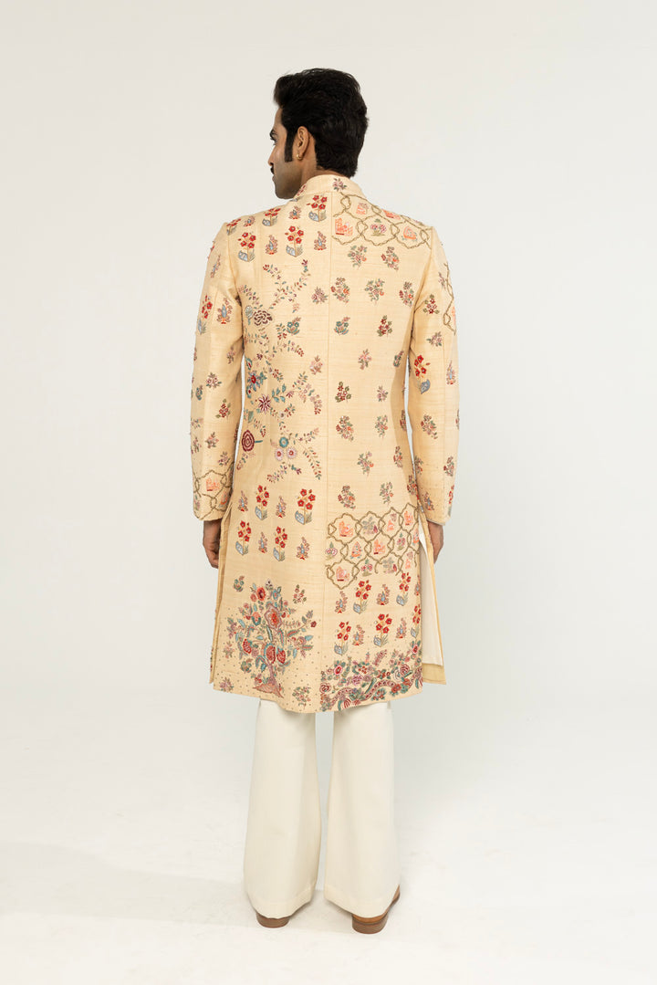 Chintz Hand-Embroidered Sherwani in Tea Stain