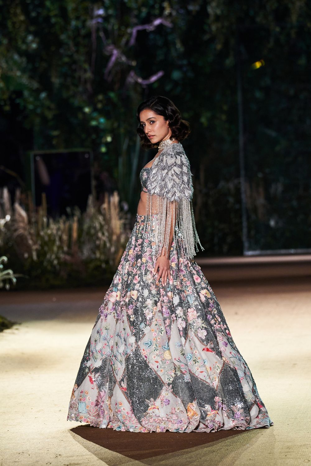 Sundarbans Silk Organza Lehenga with Hand-Embroidered Blouse and Iris Cape in Gold, Ivory, and Multi