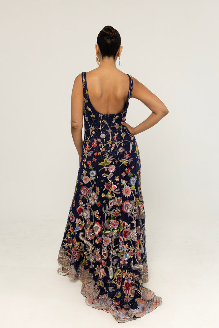 Anar Bel Hand-Embroidered Gown in Navy
