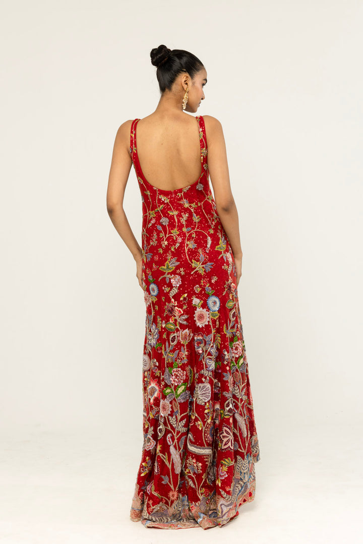 Anar Bel Hand-Embroidered Gown in Red