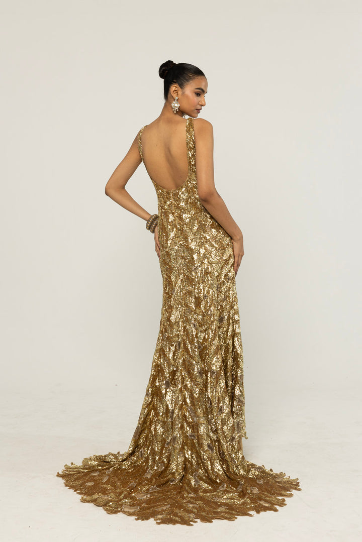 Textured Leaf Hand-Embroidered Gown in Nude and Gold