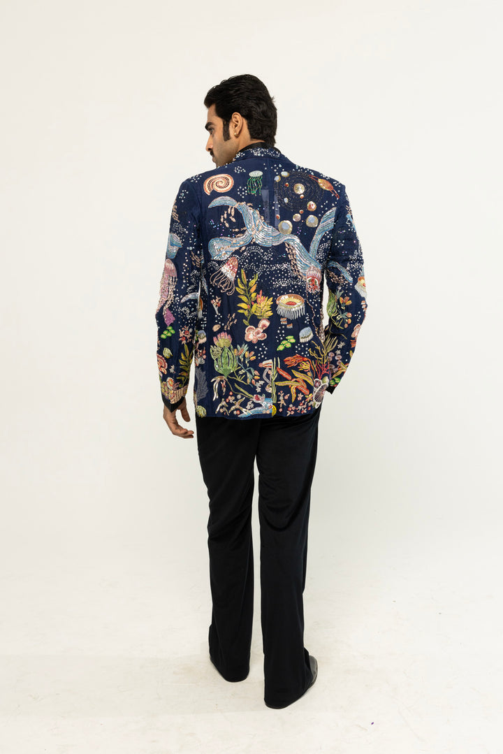 Cosmos Hand-Embroidered Jacket in Navy