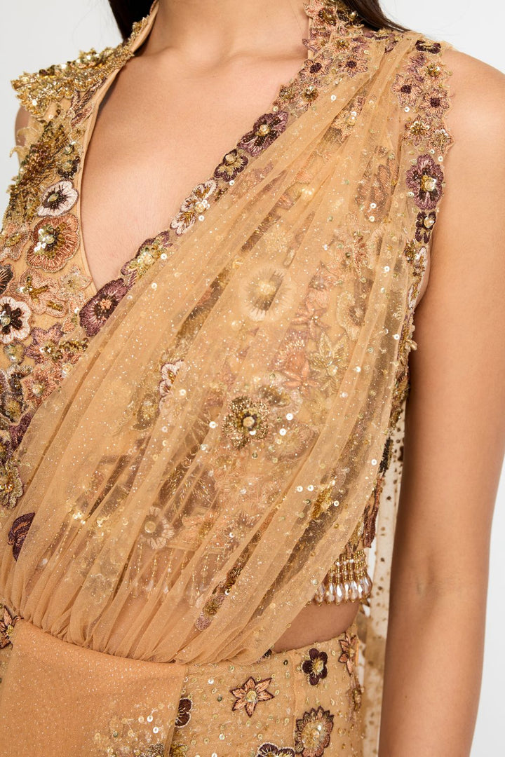 Garden Of Time Hand-Embroidered Blouse with Saree in Nude and Bronze