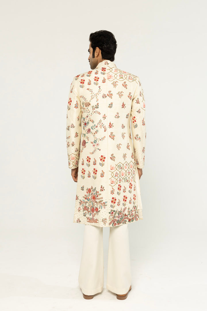 Chintz Hand-Embroidered Sherwani in Off White