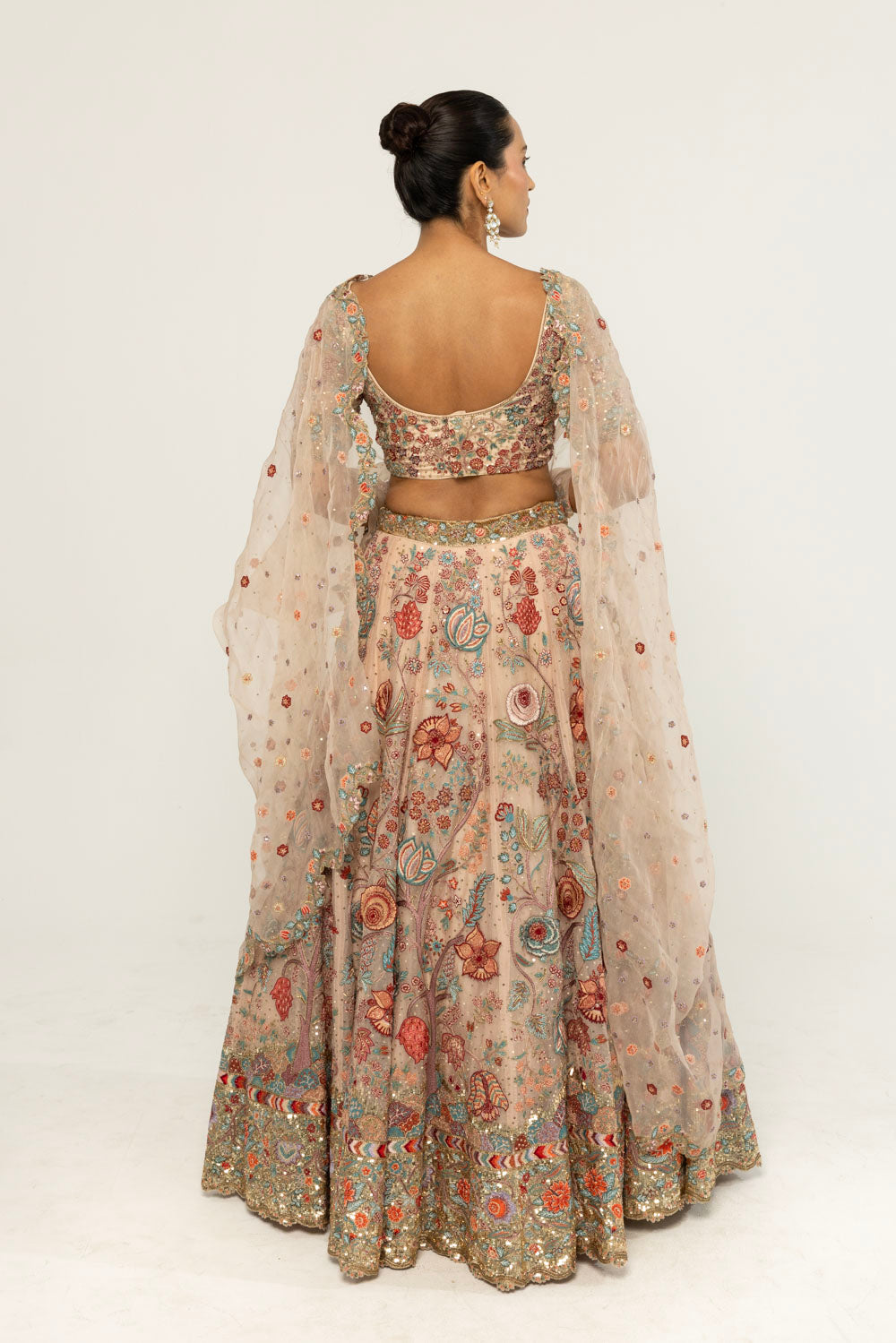 Chintz Hand-Embroidered Lehenga Set in Pastel Peach