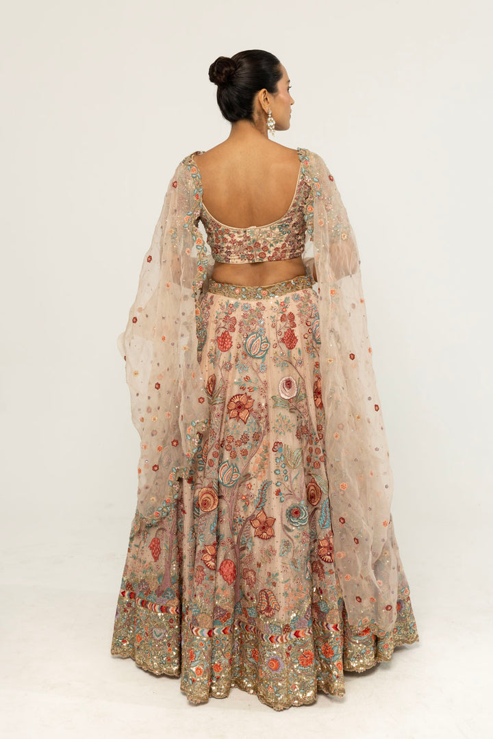 Chintz Hand-Embroidered Lehenga Set in Pastel Peach
