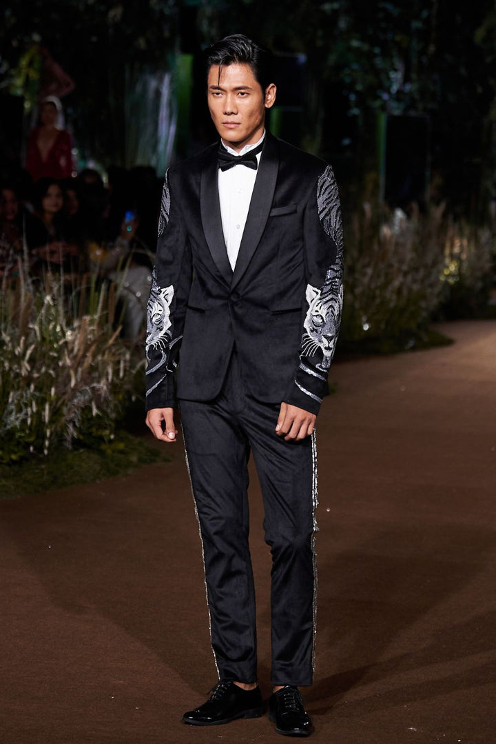 Sundarbans Silk Velvet Jacket with Classic Hand-Embroidered Shirt and Hand-Sequinned Trousers in Black and White