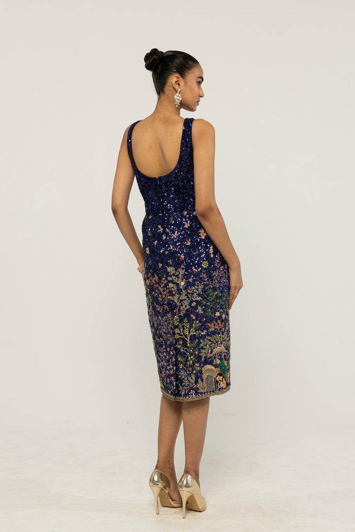Jharokha Hand-Embroidered Dress in Navy