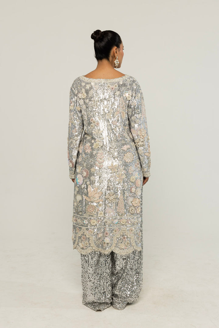 Himadri Hand-Embroidered Kurta Set in Silver