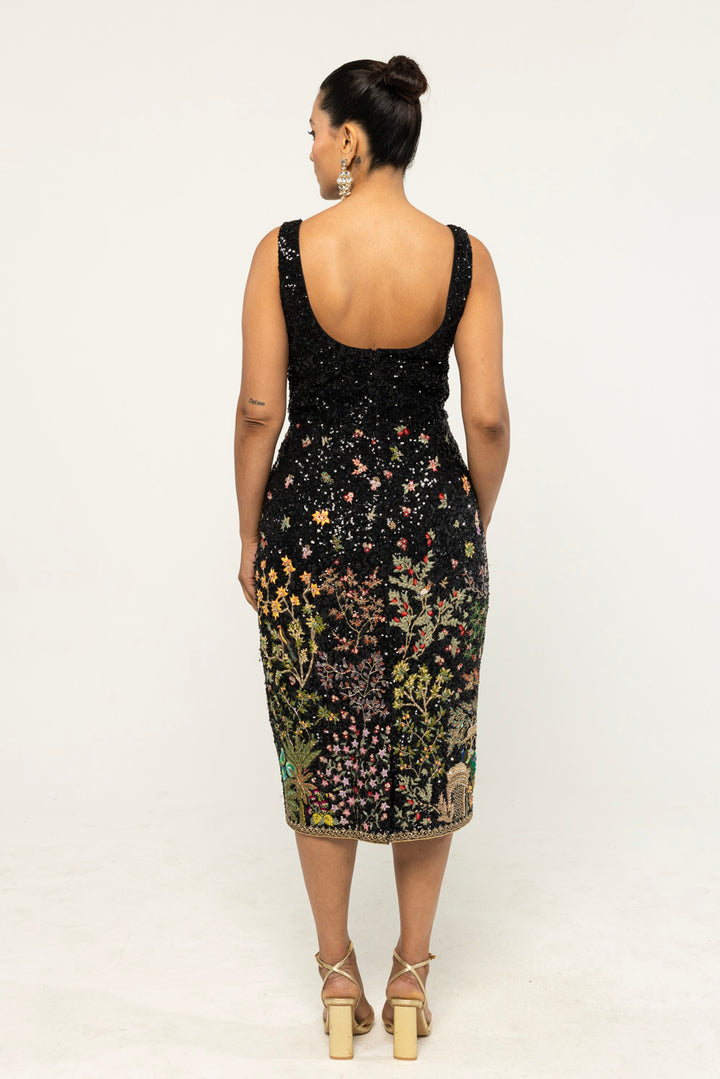 Jharokha Hand-Embroidered Dress in Black