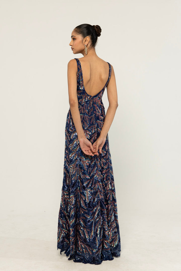 Textured Leaf Hand-Embroidered Gown in Navy