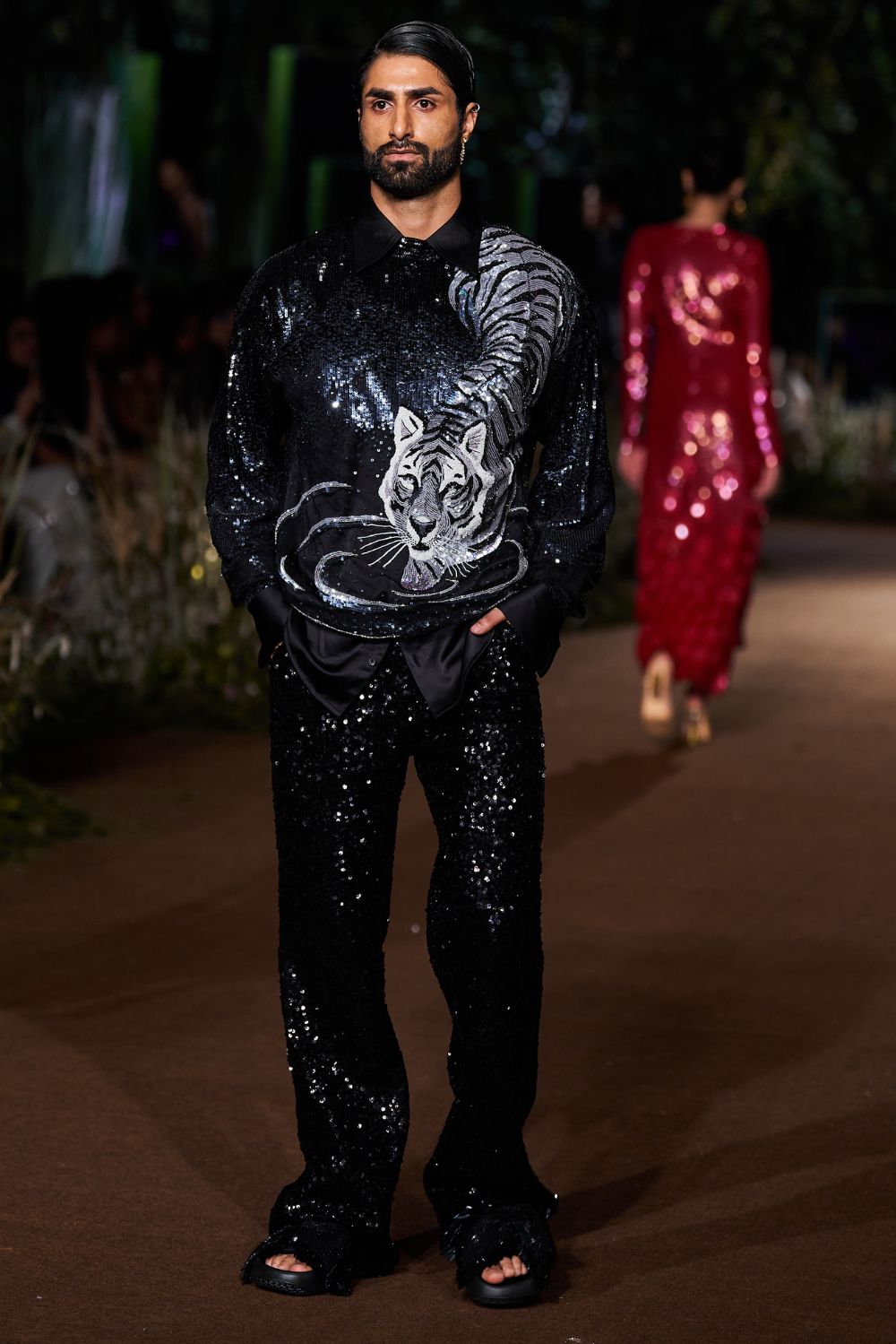 Sundarbans Hand-Embroidered Shirt with Sequinence Hand-Sequinned Trousers in Black and Silver