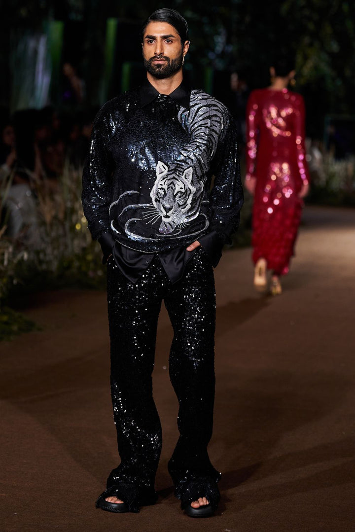 Sundarbans Hand-Embroidered Shirt with Sequinence Hand-Sequinned Trousers in Black and Silver