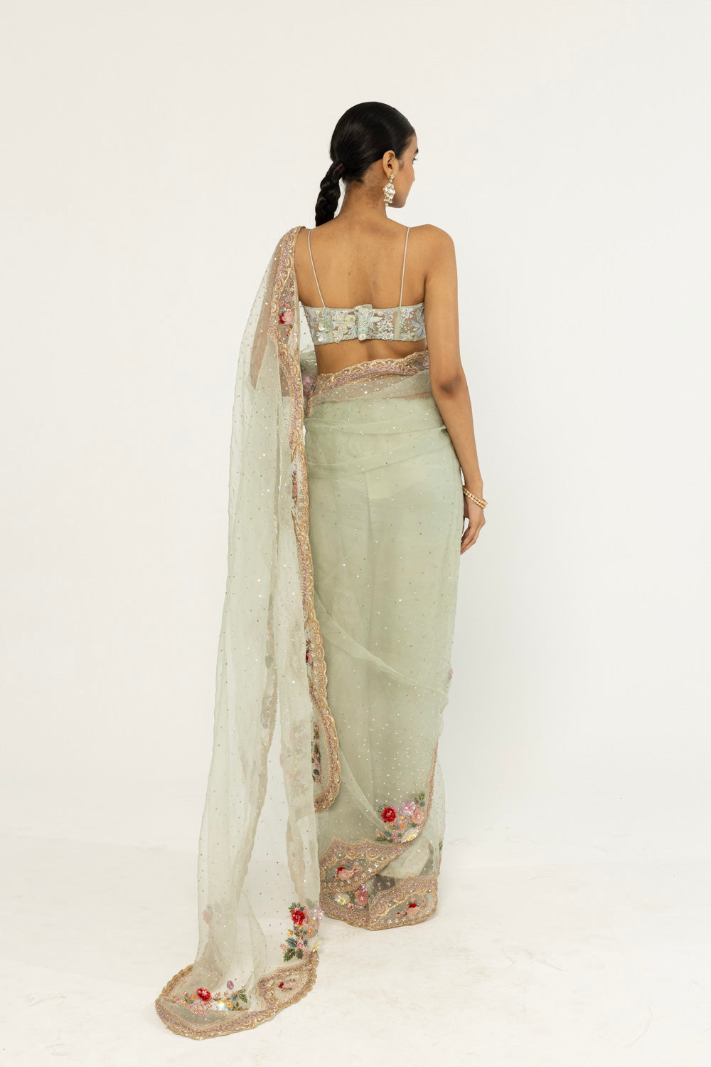 Himadri Hand-Embroidered Saree Set in Mint