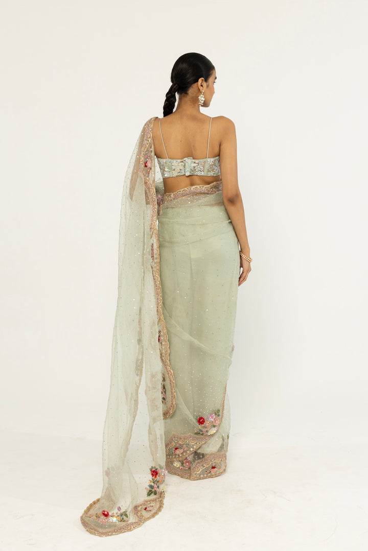 Himadri Hand-Embroidered Saree Set in Mint