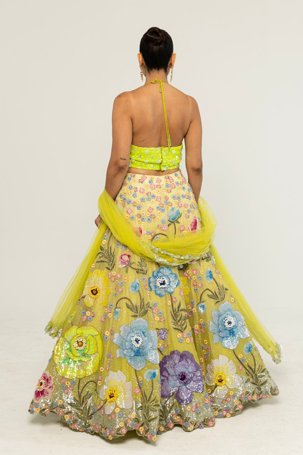 Peonies Hand-Embroidered Lehenga Set in Lime Ombre
